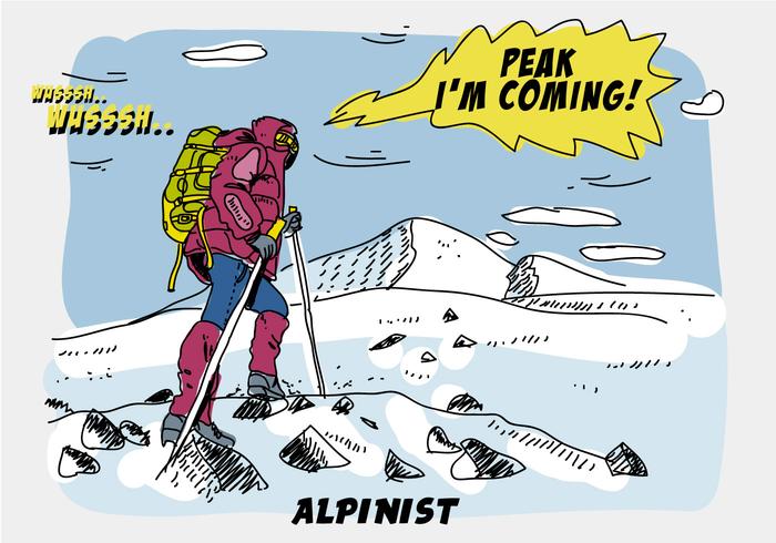 Alpinist Klättring Peak Mountain Comic Hand Drawn Vector Illustration