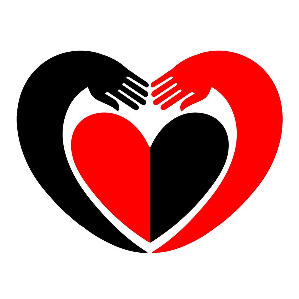 Hände umarmen ein Herz. ursprüngliches Symbol mit schwarzem und rotem Design. vektor