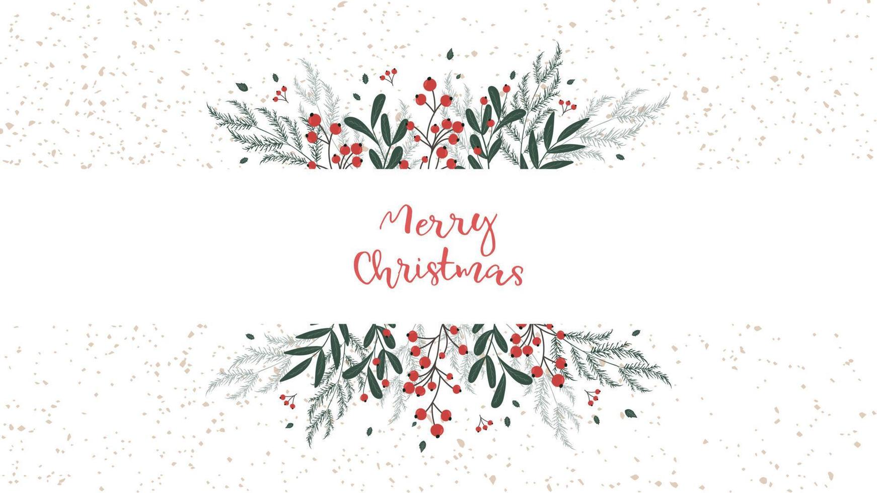 horizontaler weihnachtlicher weißer Hintergrund mit Fichtenzweigen, Vogelbeeren, roten Beeren. Vektor