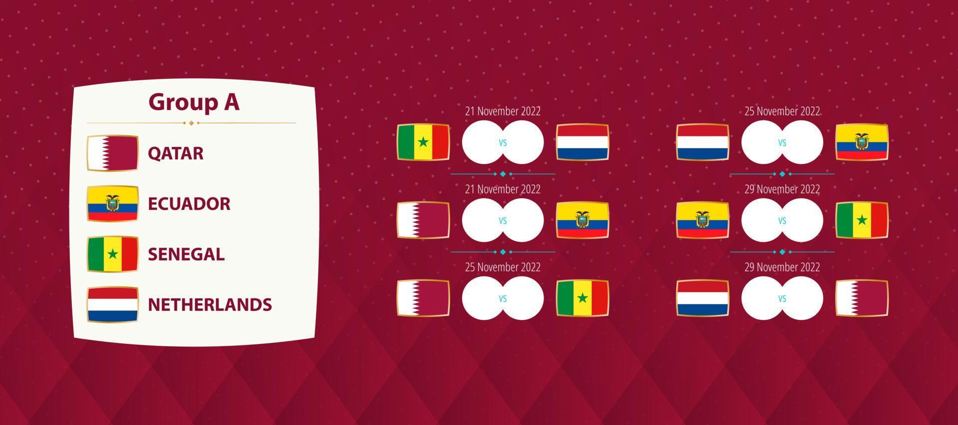fotboll internationell turnering grupp en tändstickor, nationell fotboll team schema tändstickor för 2022 konkurrens. vektor