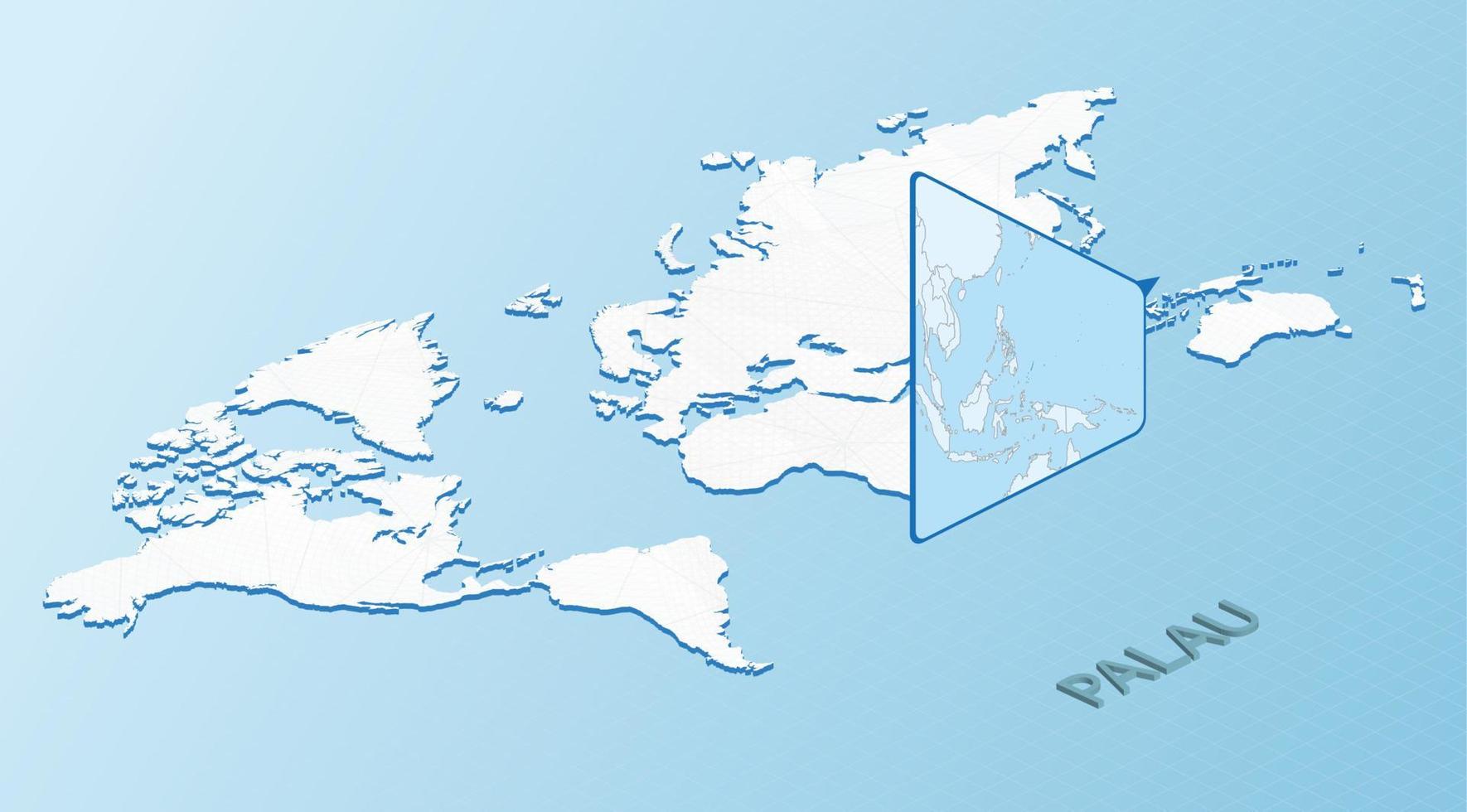 Weltkarte im isometrischen Stil mit detaillierter Karte von Palau. hellblaue palau-karte mit abstrakter weltkarte. vektor