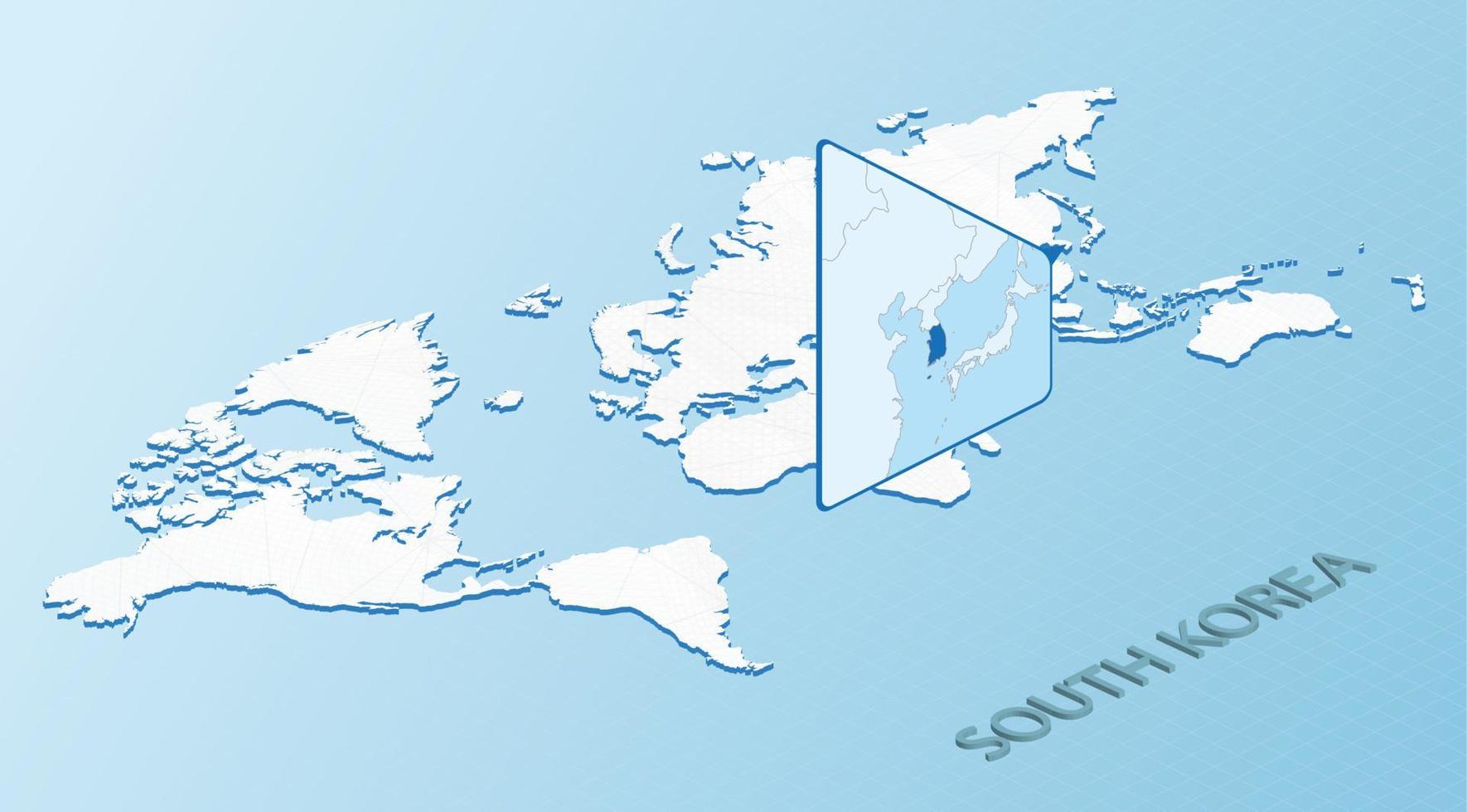 Weltkarte im isometrischen Stil mit detaillierter Karte von Südkorea. hellblaue Südkorea-Karte mit abstrakter Weltkarte. vektor