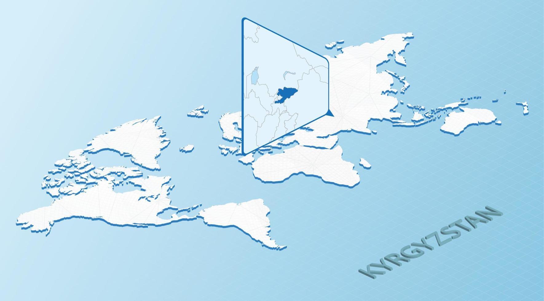 värld Karta i isometrisk stil med detaljerad Karta av Kirgizistan. ljus blå kyrgyzstan Karta med abstrakt värld Karta. vektor