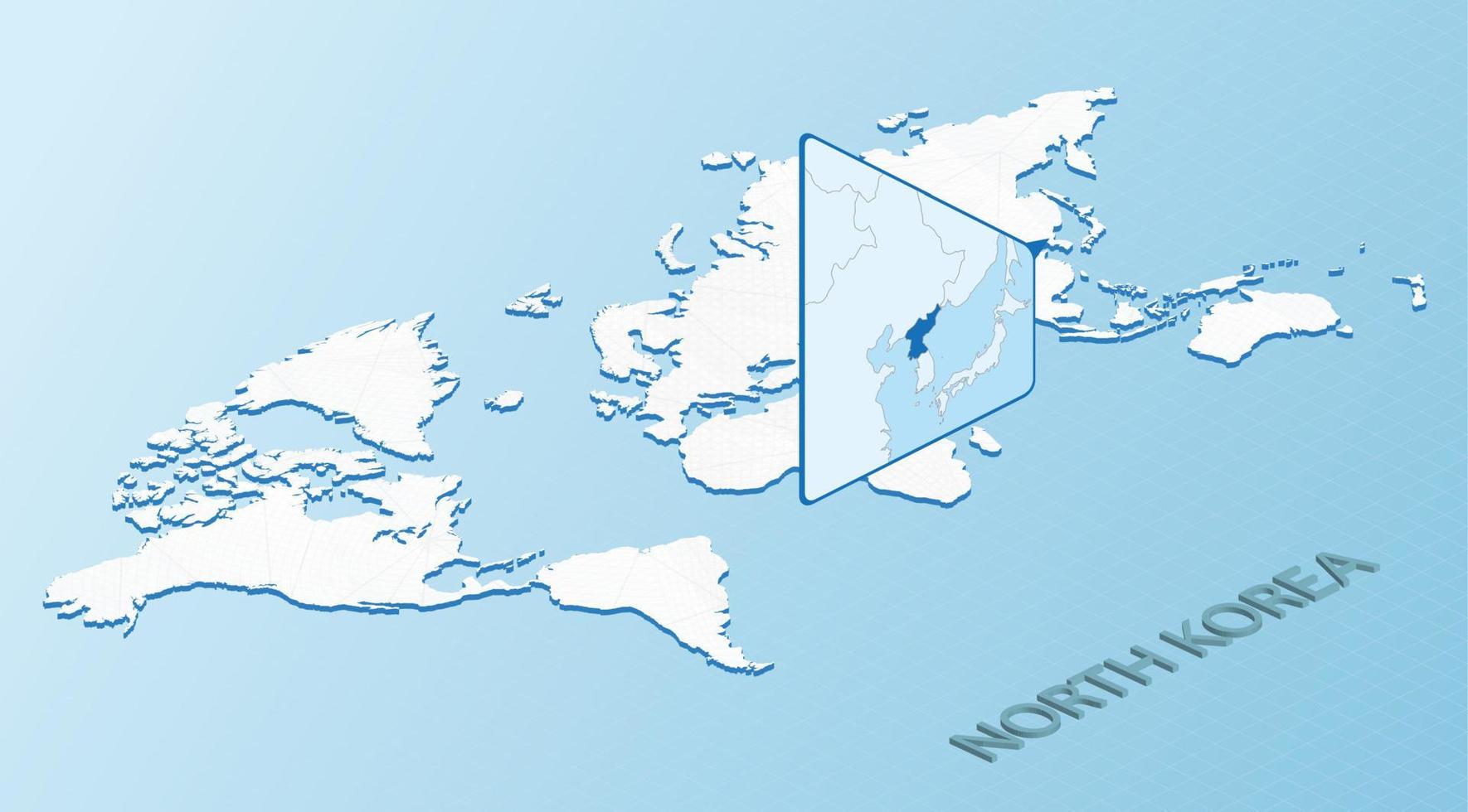 Weltkarte im isometrischen Stil mit detaillierter Karte von Nordkorea. hellblaue Nordkorea-Karte mit abstrakter Weltkarte. vektor