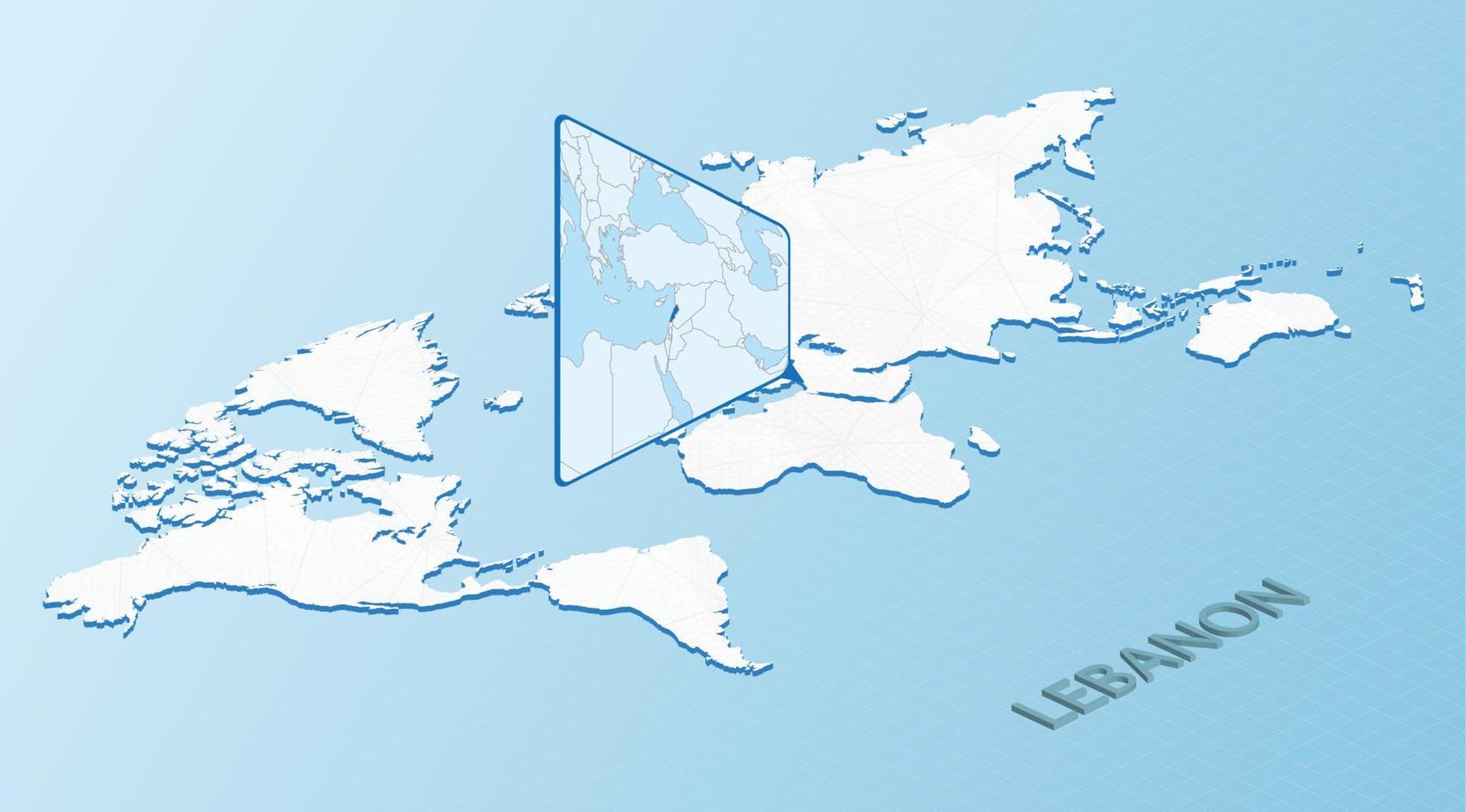 Weltkarte im isometrischen Stil mit detaillierter Karte des Libanon. hellblaue libanonkarte mit abstrakter weltkarte. vektor