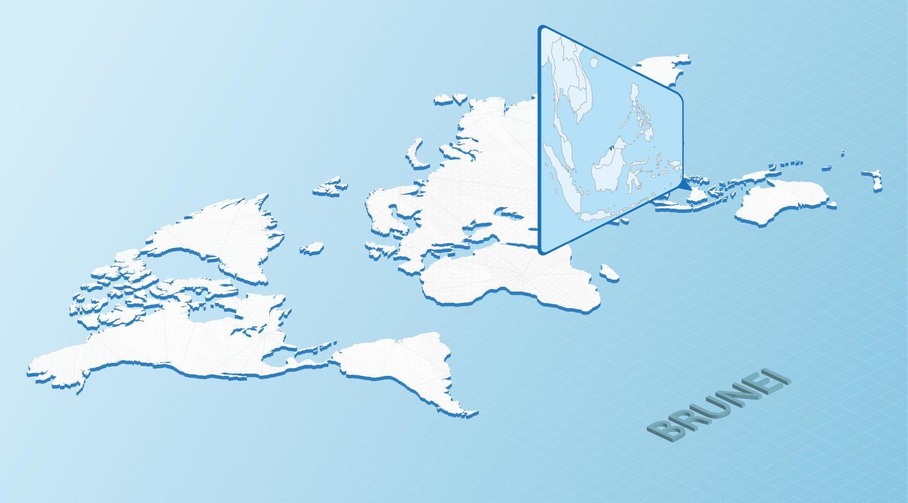 Weltkarte im isometrischen Stil mit detaillierter Karte von Brunei. hellblaue Brunei-Karte mit abstrakter Weltkarte. vektor