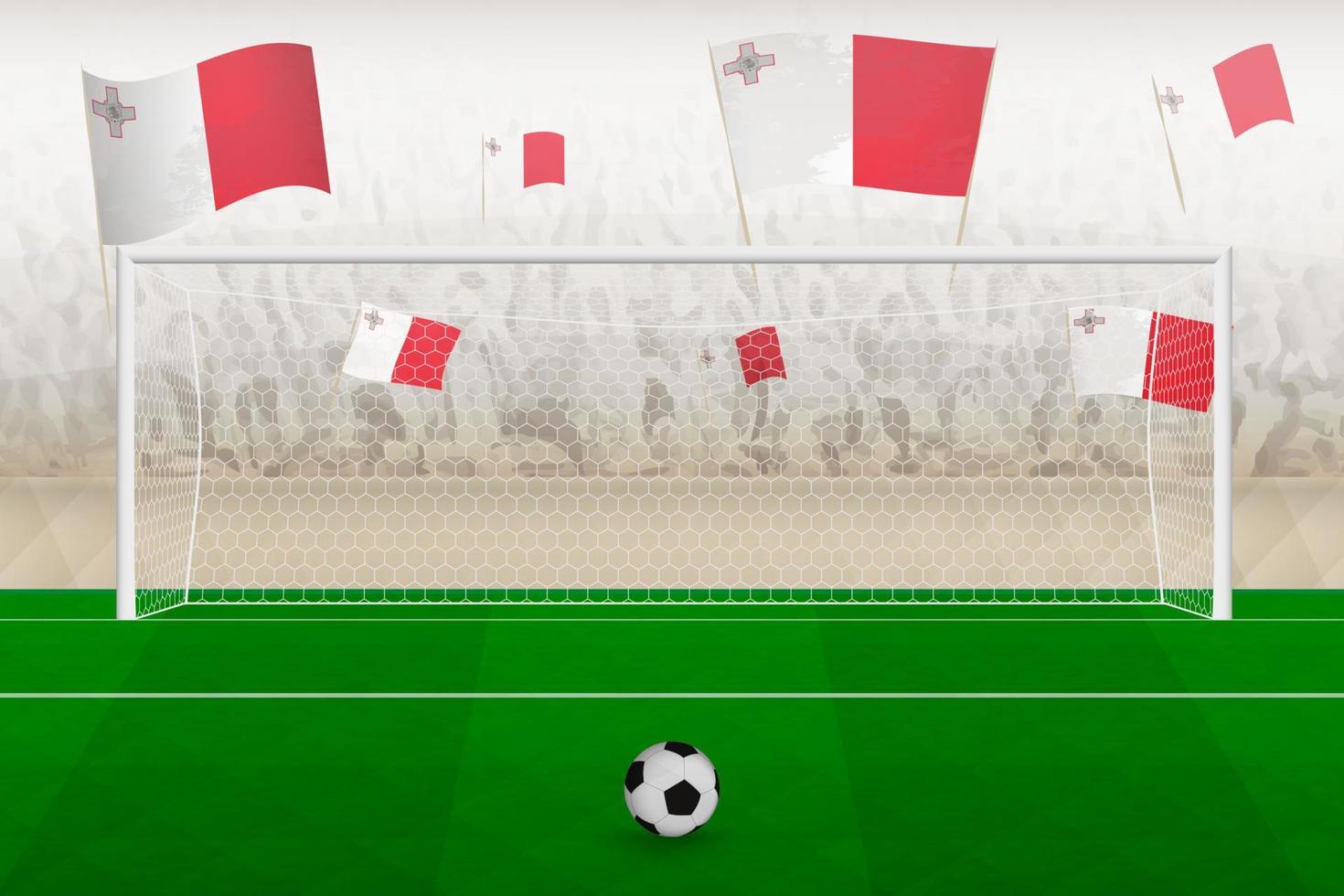 malta fotboll team fläktar med flaggor av malta glädjande på stadion, straff sparka begrepp i en fotboll match. vektor
