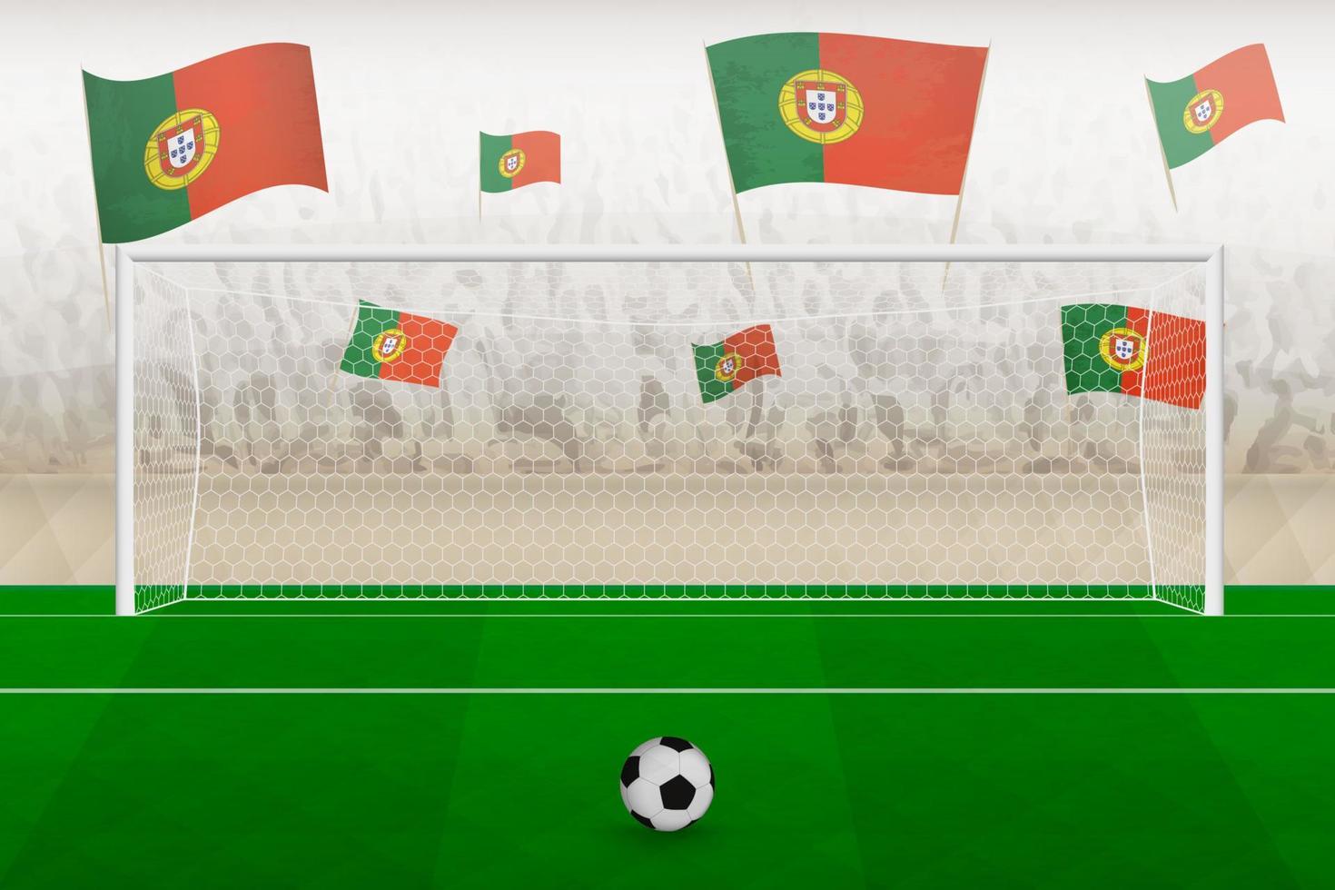 Fans der portugiesischen Fußballmannschaft mit portugiesischen Flaggen, die das Stadion anfeuern, Elfmeterkonzept in einem Fußballspiel. vektor