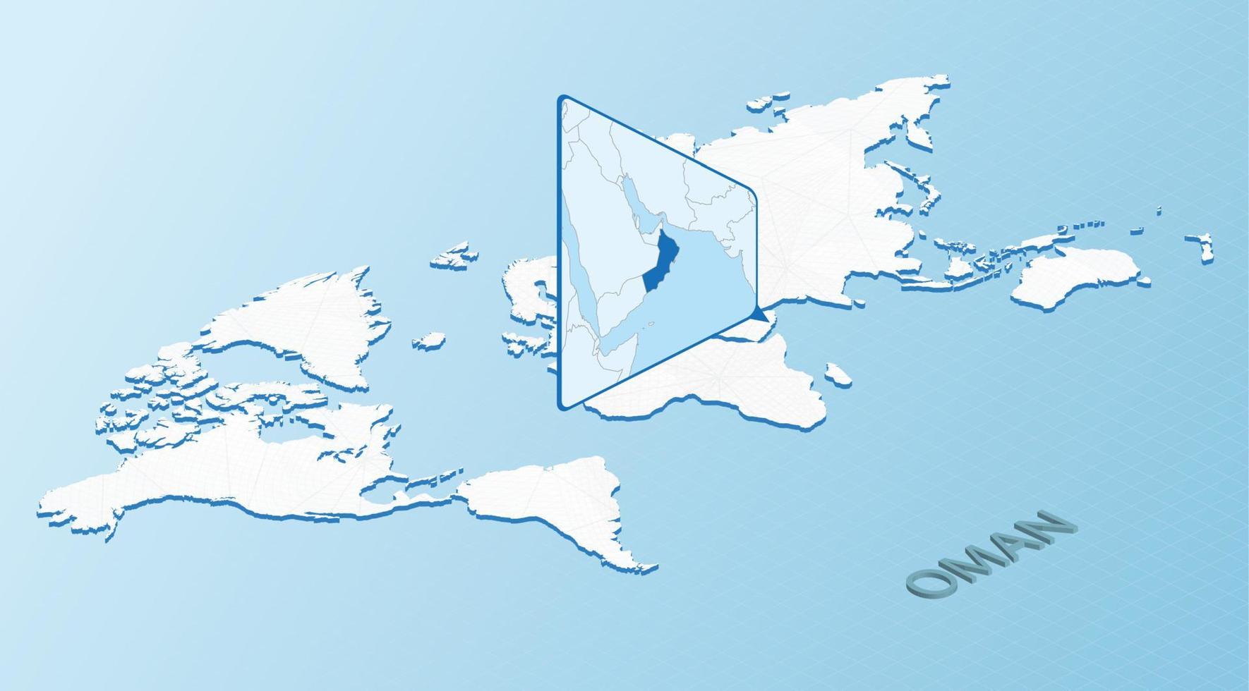 Weltkarte im isometrischen Stil mit detaillierter Karte von Oman. hellblaue Oman-Karte mit abstrakter Weltkarte. vektor