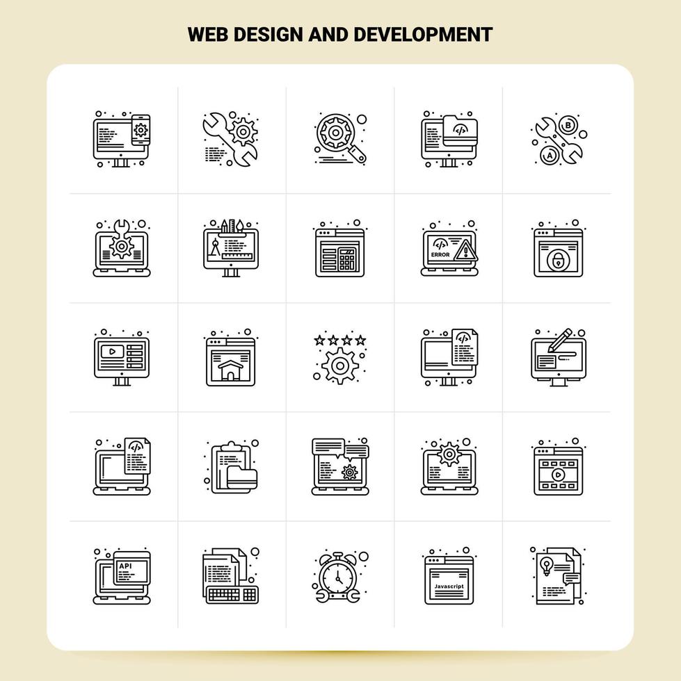 Umriss 25 Webdesign und -entwicklung Icon Set Vektor Line Style Design Schwarze Icons Set Linear Piktogramm Pack Web und mobile Geschäftsideen Design Vector Illustration