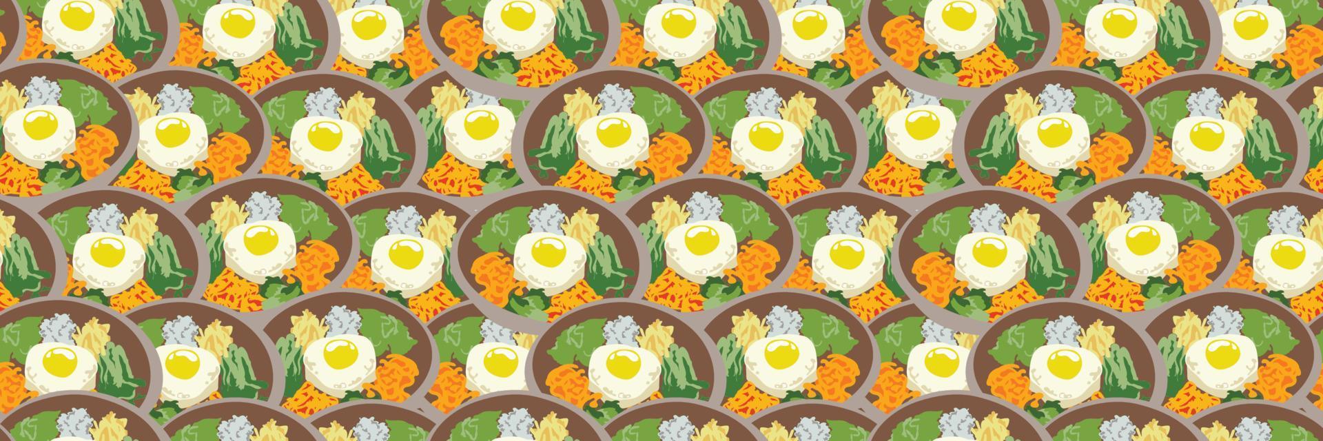 hand gezeichnete bibimbap-illustration des koreanischen essens. Bibimbap-Rezept für horizontale Baner. traditionelles koreanisches gericht bibimbap mit spiegelei, tintenfisch, garnelen, gurke, sojasprossen und algen. asiatischer lebensmittelhintergrund vektor