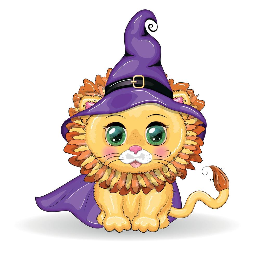 niedlicher Cartoon Löwe mit schönen Augen, Orange im Hut und im Mantel einer lila Hexe. halloween 2022. vektor