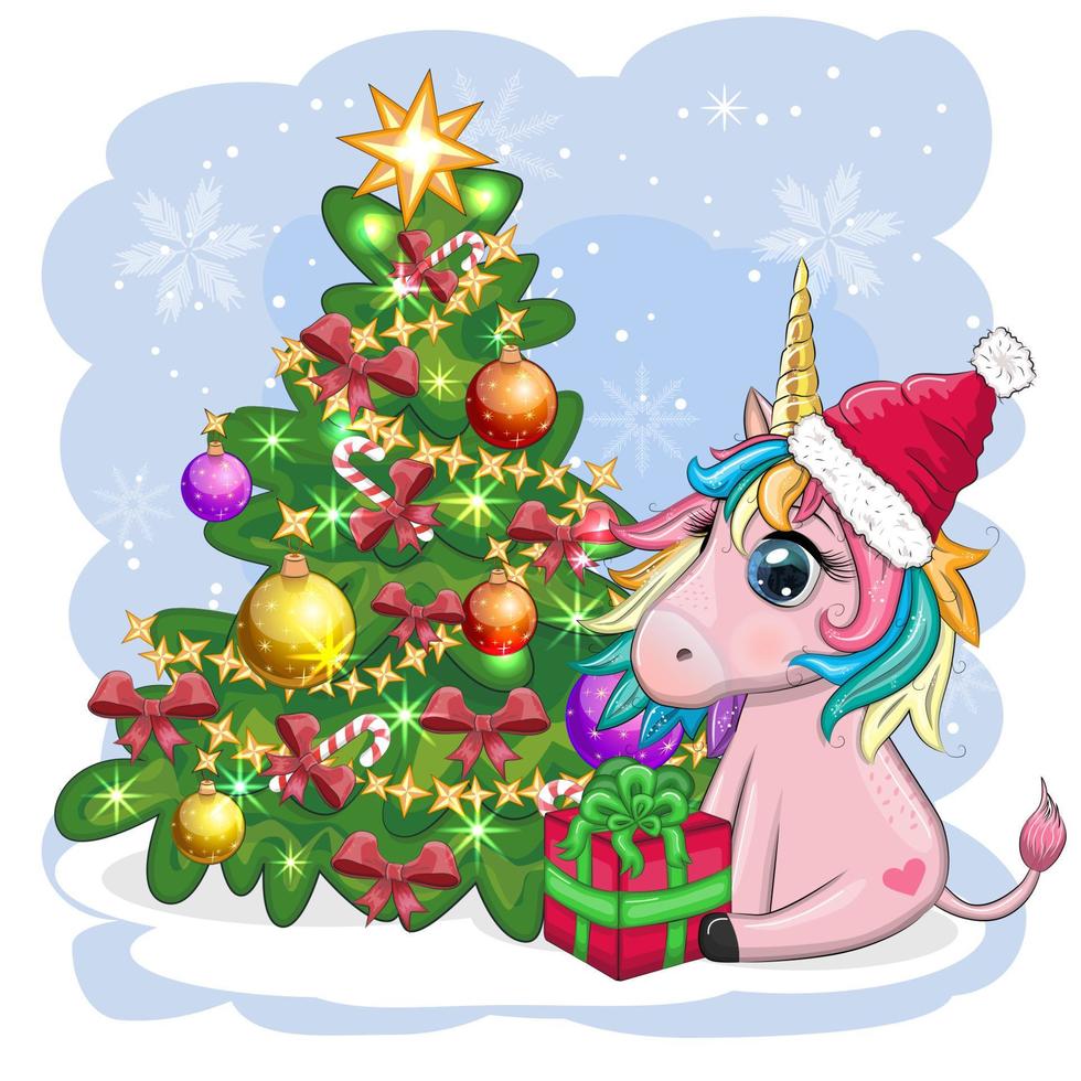 söt tecknad serie enhörning i santa hatt nära jul träd med gåvor, bollar. ny år och jul hälsning kort. vektor