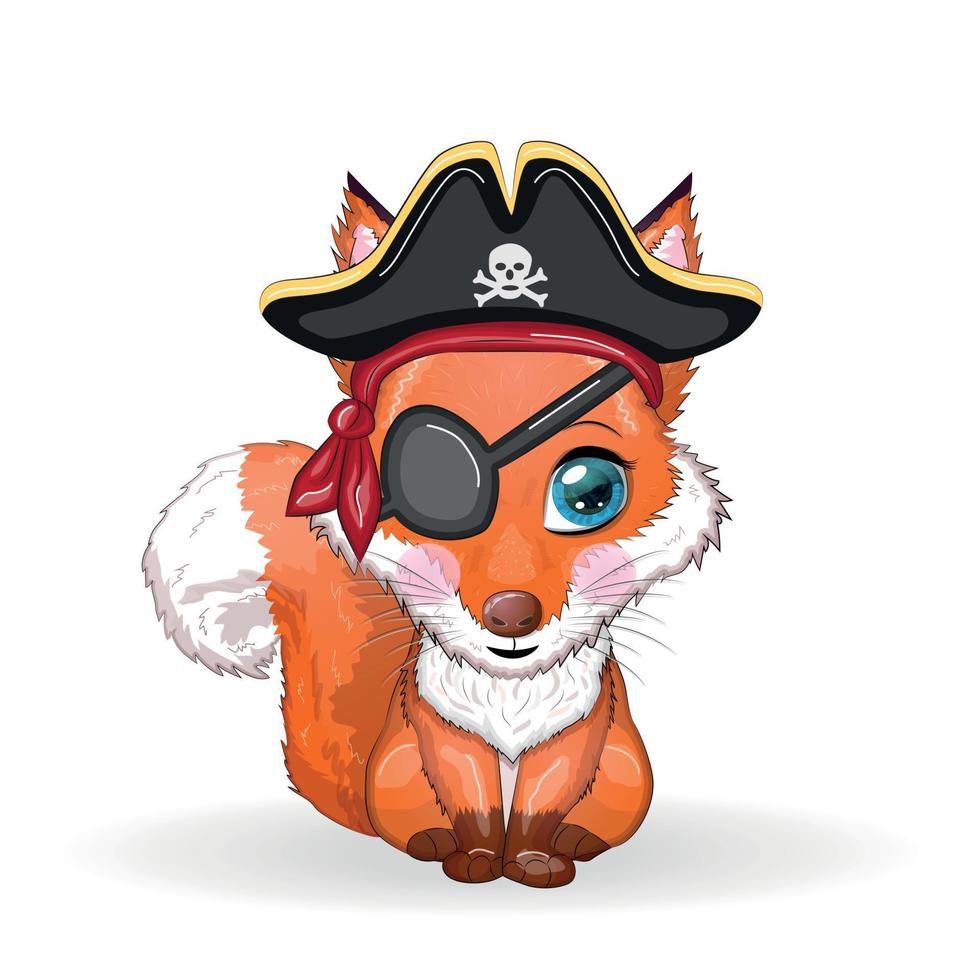 räv pirat, tecknad serie karaktär av de spel, vild djur- i en bandana och en spänd hatt med en skalle, med ett öga lappa. karaktär med ljus ögon vektor