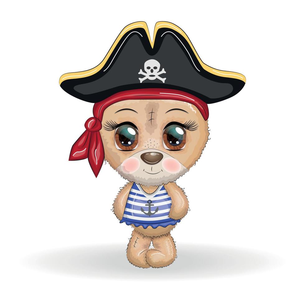 teddy Björn pirat, tecknad serie karaktär av de spel, vild djur- i en bandana och en spänd hatt med en skalle, med ett öga lappa. karaktär med ljus ögon vektor