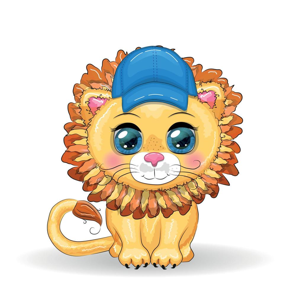 tecknad serie lejon pojke i blå keps med skön ögon, barns kort vektor