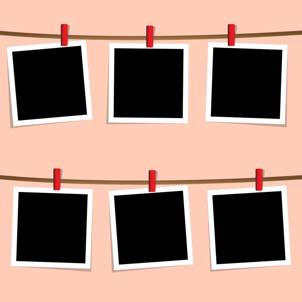 Schwarz-Weiß-Negativ-Fotokarten mit Schatten. Fotorahmen auf Wäscheklammern. Wandimitation. Vektordesign im Retro-Stil vektor