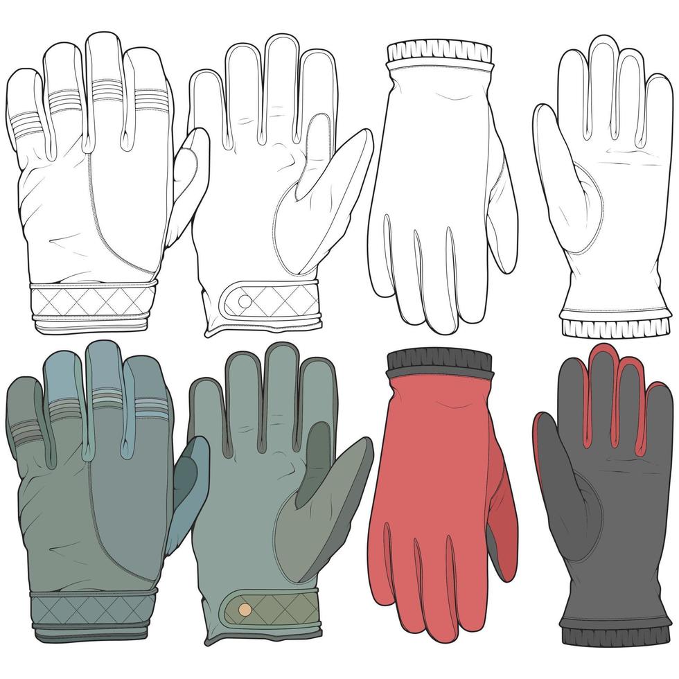 satz von isolierten objekten aus handschuh- und wintersymbol. satz von handschuh- und ausrüstungsvektoren zum ausmalen von buchbeständen. vektor