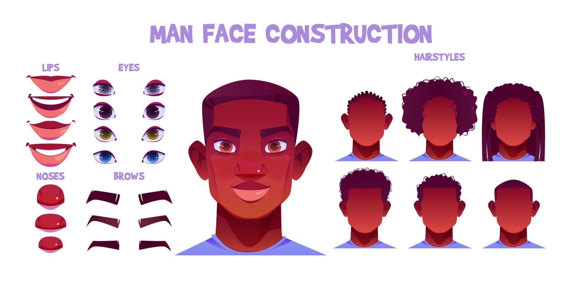 Gesichtskonstruktion für schwarze Männer, Avatar-Erstellungsset vektor