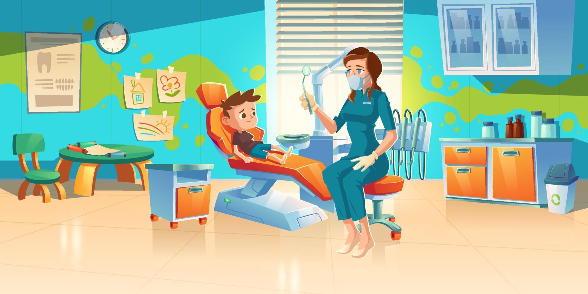 kinderpatient in der zahnarztpraxis oder zahnklinik vektor
