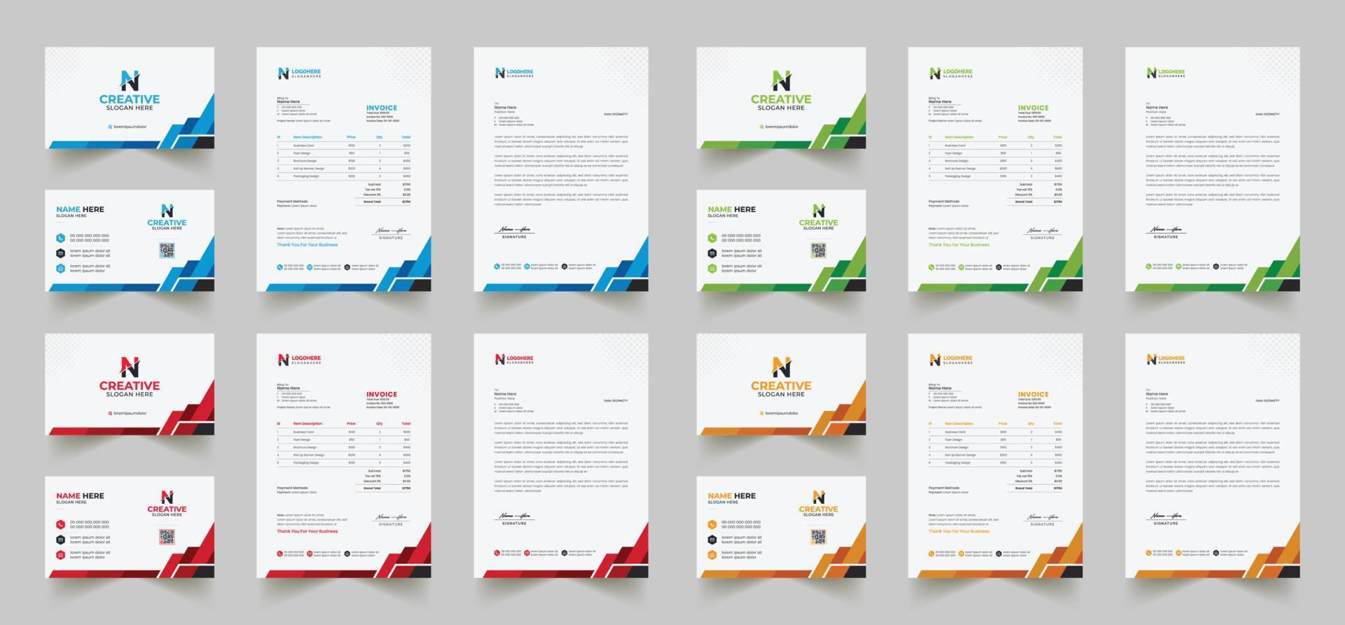 Corporate Branding Identity Design umfasst Visitenkarten, Rechnungen, Briefkopfdesigns und moderne Briefpapierpakete mit abstrakten Vorlagen vektor