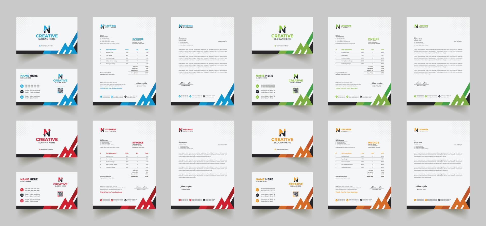 Corporate Branding Identity Design umfasst Visitenkarten, Rechnungen, Briefkopfdesigns und moderne Briefpapierpakete mit abstrakten Vorlagen vektor