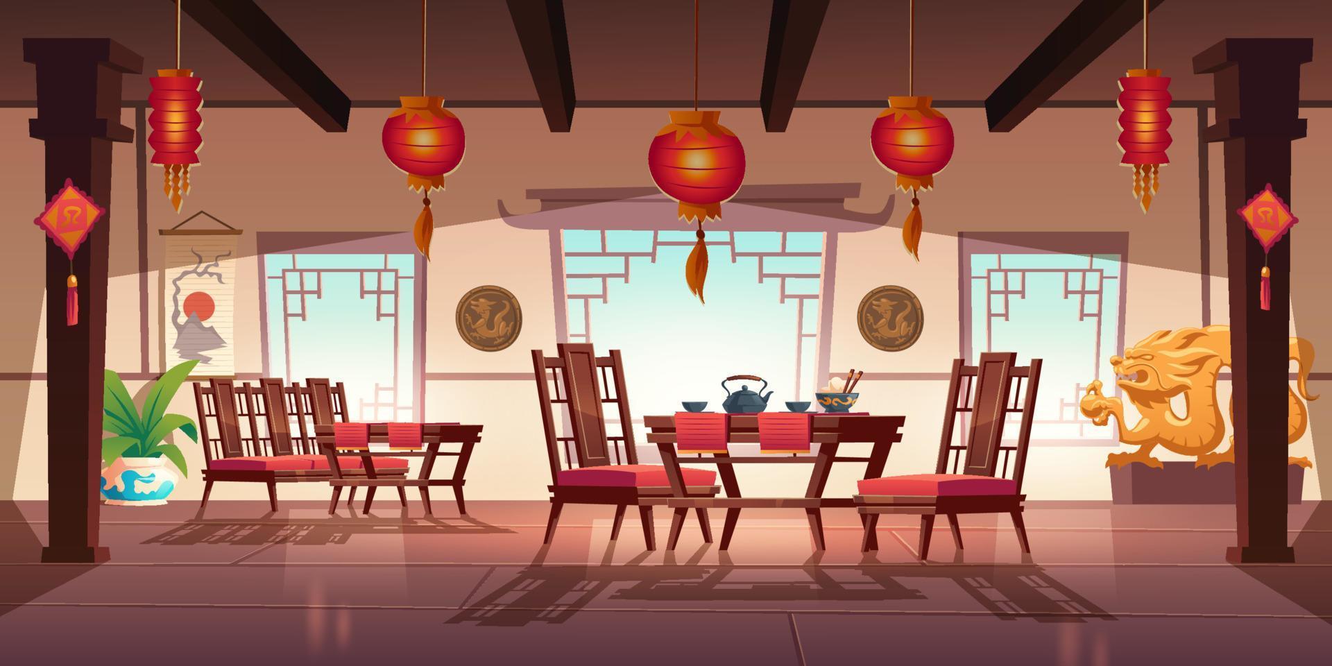 chinesisches café-interieur mit laternen und drachen vektor