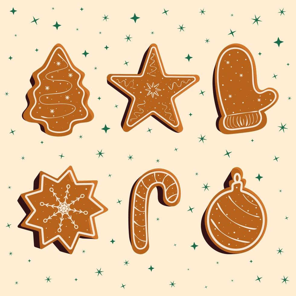 Reihe von Weihnachtsplätzchen. lebkuchen im flachen stil. glasierter lebkuchen in verschiedenen formen gesetzt. weihnachtssymbole, neujahrsdekorationselemente. vektor