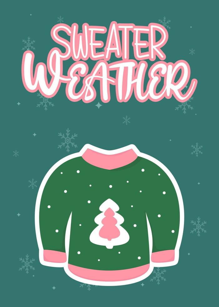 hässliche pullover weihnachtsfeier. Urlaubsstimmung. gemütlicher Winter. Schneeflocken auf blauem Hintergrund. Pullover Wetter. handgezeichnete beschriftungszitate. gut für Grußkarten- und T-Shirt-Drucke, Flyer, Posterdesigns. vektor