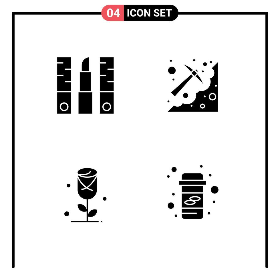 4 universell fast glyf tecken symboler av kosmetolog pickaxe läppstift grävning reste sig redigerbar vektor design element
