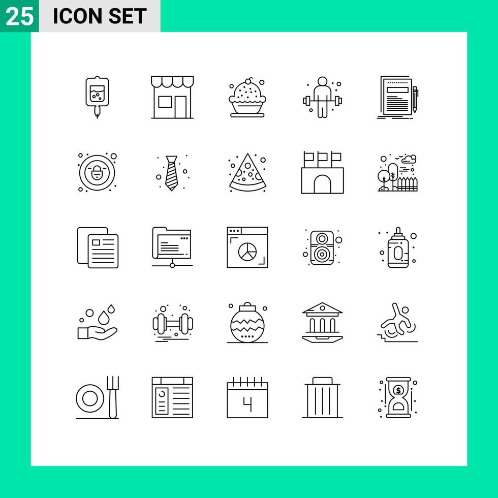 25 universelle Linien für Web- und mobile Anwendungen Gewichtheber-Übungsshop Hantel-Dessert editierbare Vektordesign-Elemente vektor