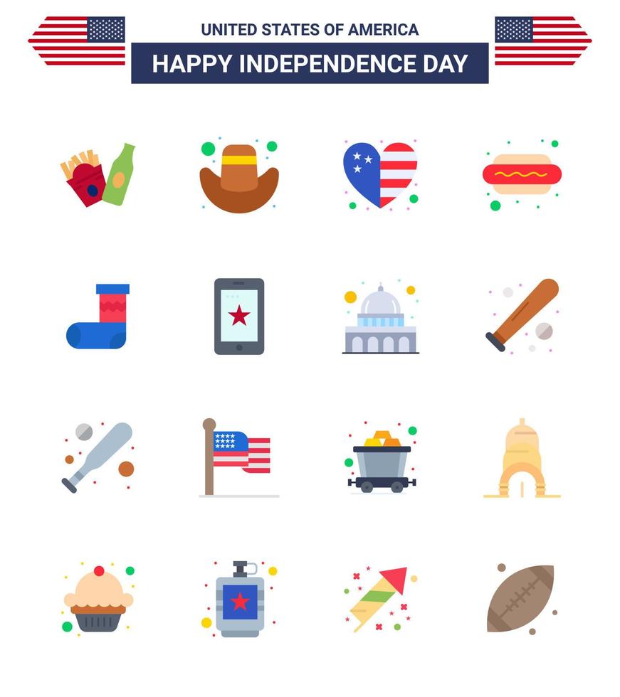 USA oberoende dag platt uppsättning av 16 USA piktogram av gåva jul flagga firande mat redigerbar USA dag vektor design element