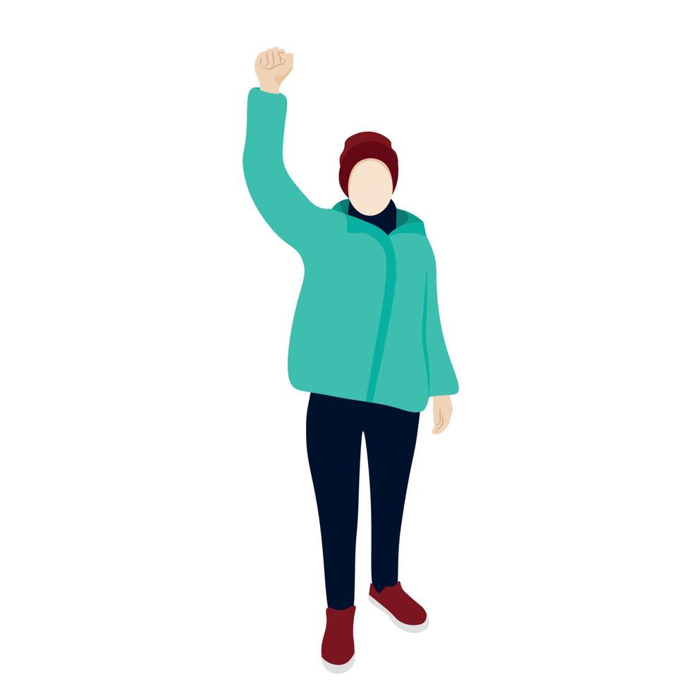 ein Mädchen in grüner Jacke und Wintermütze steht mit erhobener Hand, flacher Vektor, isoliert auf weiß, Protest, gesichtslose Illustration vektor