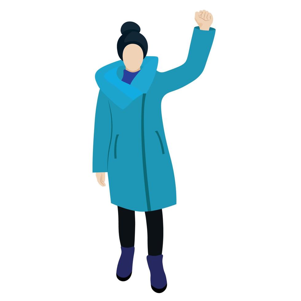 Ein Mädchen in einer langen blauen Jacke und einem Winterhut steht mit erhobener Hand, flacher Vektor, isoliert auf Weiß, Protest, gesichtslose Illustration vektor
