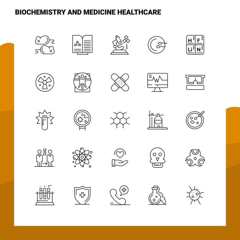 Satz von Biochemie und Medizin Gesundheitswesen Symbolsatz 25 Symbole Vektor Minimalismus Stil Design schwarze Symbole Set lineares Piktogrammpaket