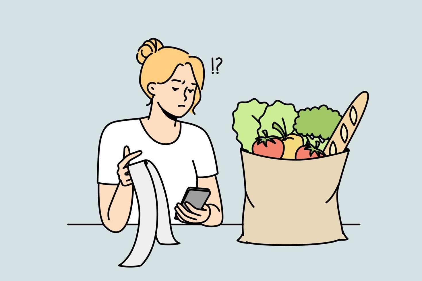 mädchen prüft kaufrechnung nach supermarkteinkauf, überrascht von hohen preisen. frau sieht enttäuscht auf lebensmittelgeschäftsbeleg aus. Inflation, begrenztes Budget. vektorkonturlinie bunte illustration. vektor