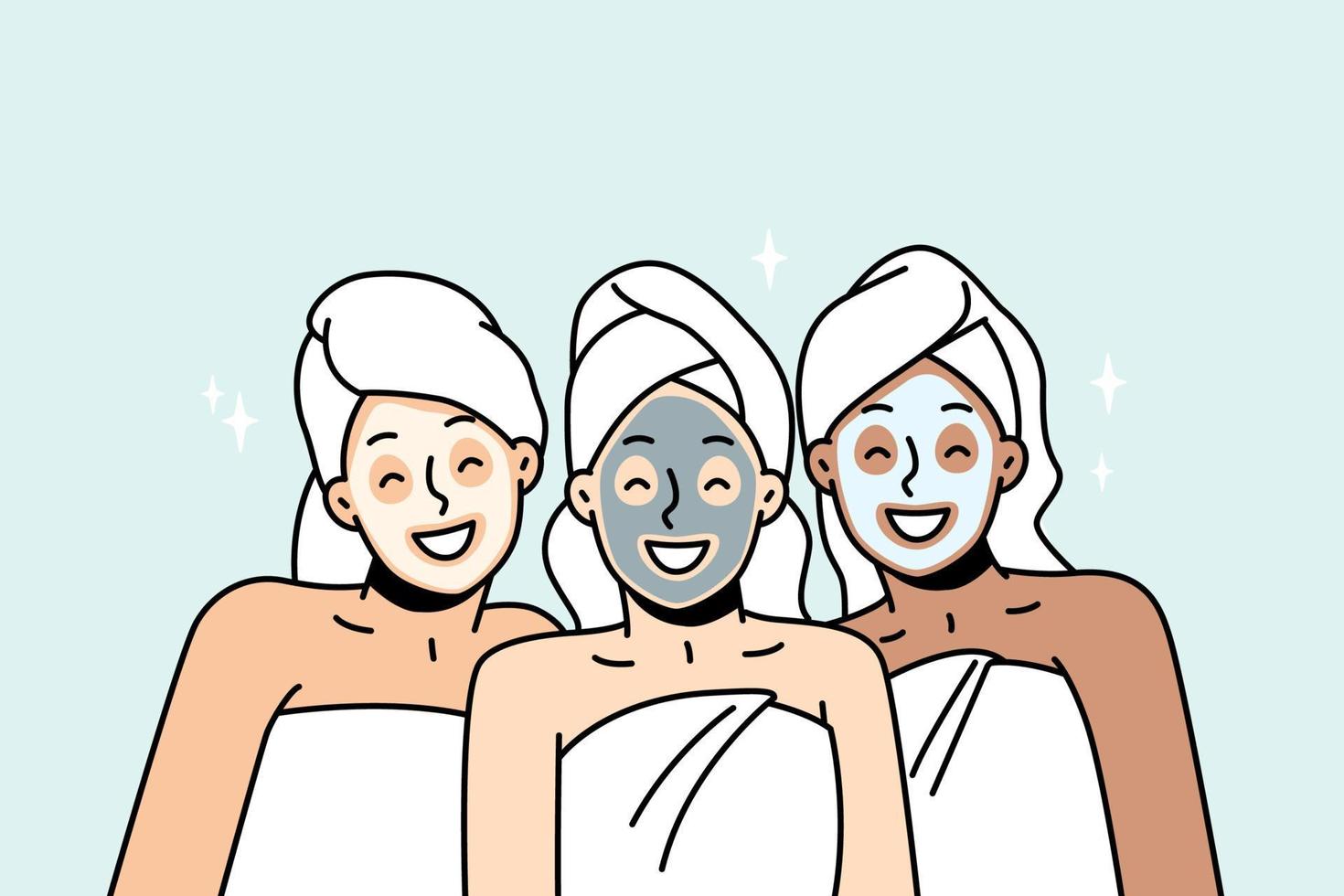 mädchen in kopf- und körpertüchern, lächelnde kosmetische gesichtsmasken. frauen in haarpackungen haben eine schönheitsbehandlung im spa, in der sauna. Gesichtspflege für Frauen, Anti-Aging-Verfahren. Vektor-Umriss-Illustration. vektor