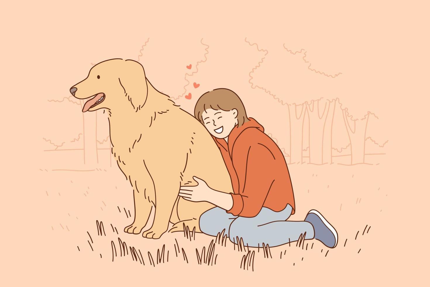 Konzept für Freundschaft, Kinder und Haustiere. Junges lächelndes Mädchen, das Haustier Labrador während des Sommerspaziergangs draußen auf Gras im Park sitzt und umarmt und Liebesvektorillustration fühlt vektor