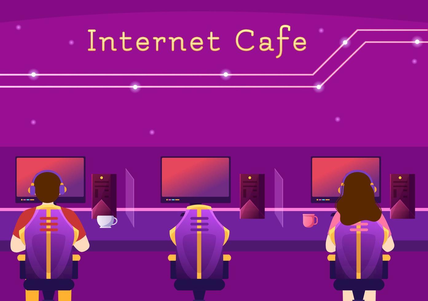 internetcafé von jungen leuten, die spiele spielen, am arbeitsplatz einen laptop benutzen, reden und trinken in der flachen handgezeichneten karikaturschablonenillustration vektor