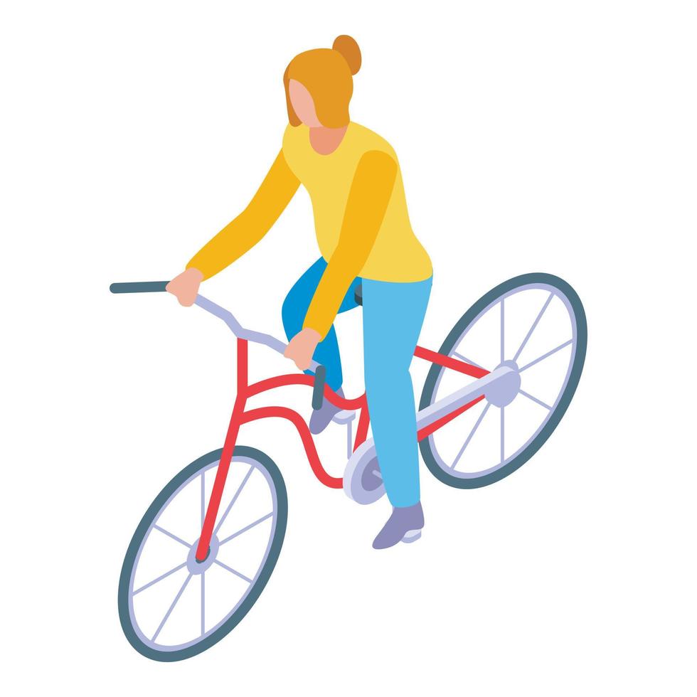 kvinna rida cykel ikon, isometrisk stil vektor