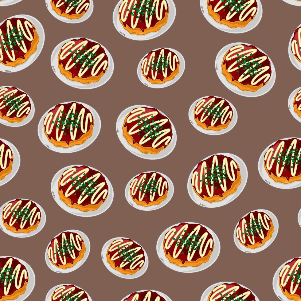 tecknad serie okonomiyaki, japansk mat sömlös mönster på färgrik bakgrund vektor