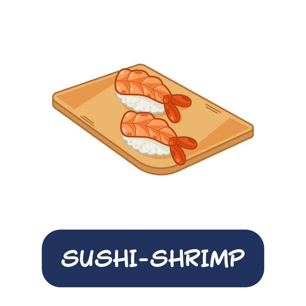 tecknad serie sushi-räkor, japansk mat vektor isolerat på vit bakgrund