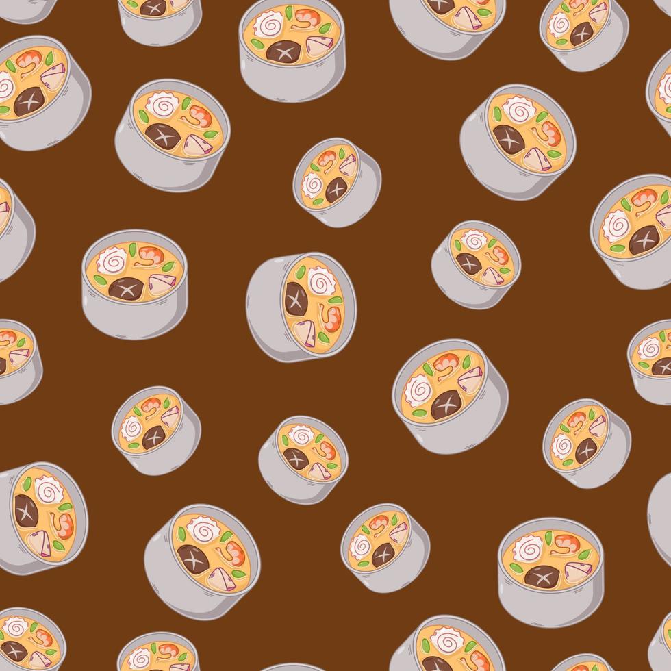cartoon chawanmushi, japanisches essen nahtloses muster auf buntem hintergrund vektor
