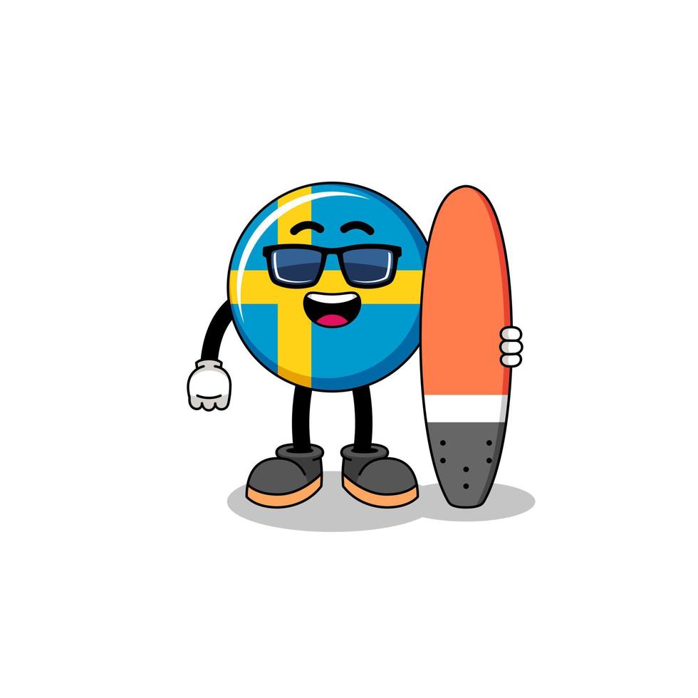 maskot tecknad serie av Sverige flagga som en surfare vektor