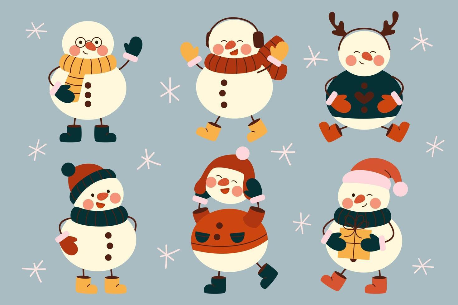uppsättning av söt jul snögubbar i värma hattar, halsdukar, vantar. glad snowmen i annorlunda kostymer med gåva, rådjur horn och ben i stövlar. vinter- högtider snö män. glad jul. vektor