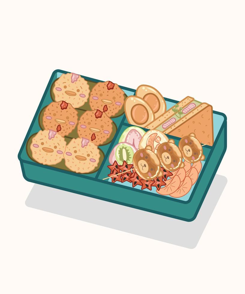bento låda med ris bollar, kokt ägg, smörgås, dango, mochi, vattenmelon, och mandarin skivor. asiatisk mat, asiatisk stil lunch låda. vektor