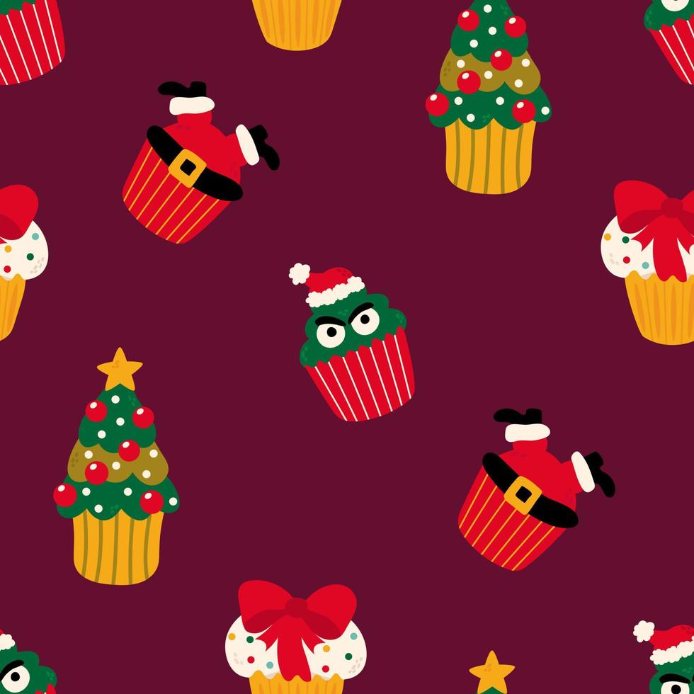 nahtloses muster mit weihnachtscupcakes. Design für Stoffe, Textilien, Tapeten, Verpackungen, Geschenkpapier. vektor