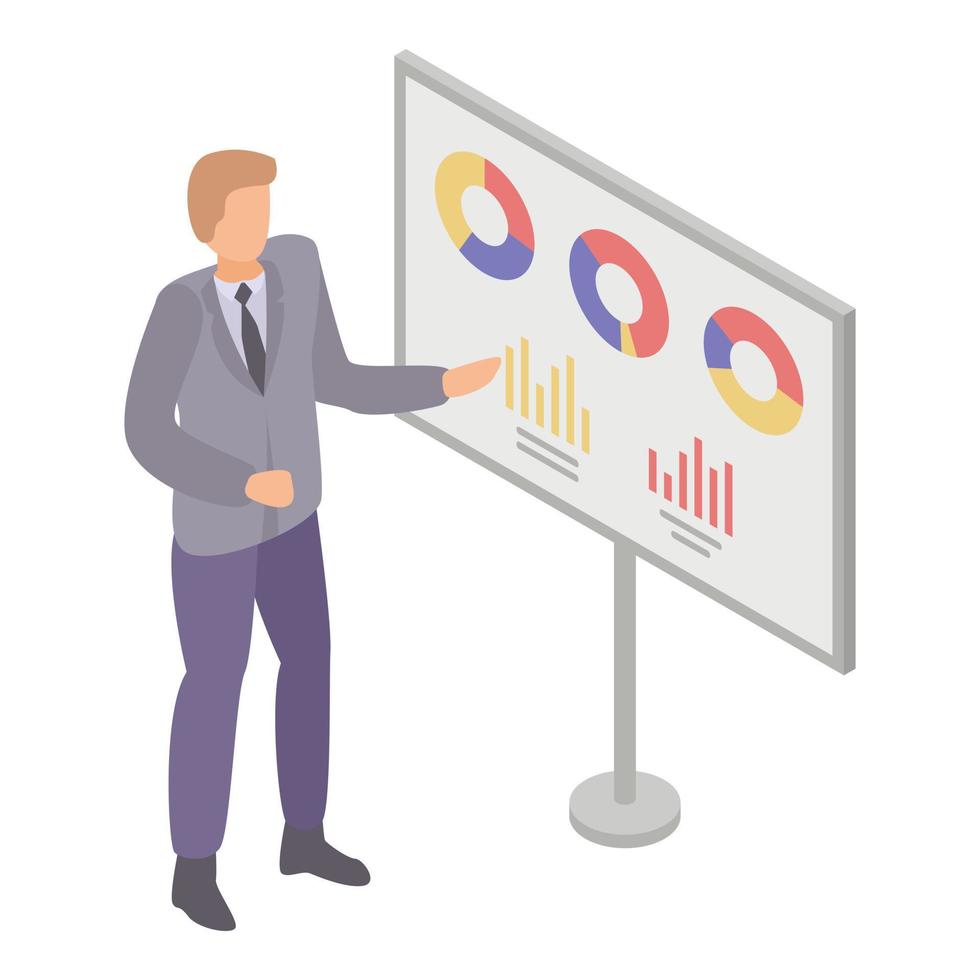 Mann zeigt Diagrammdiagrammsymbol, isometrischen Stil vektor