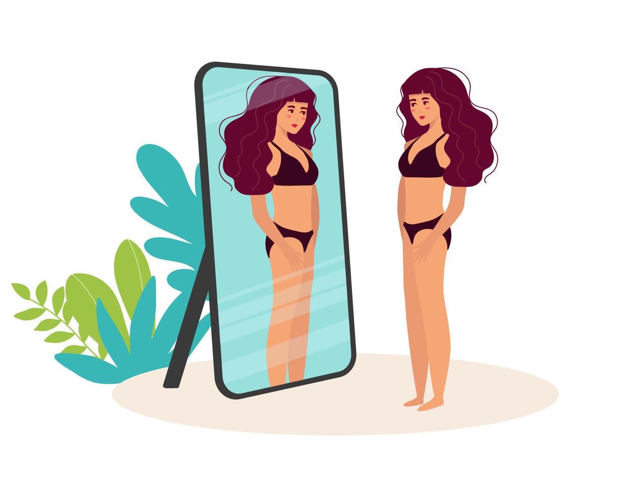 kvinna i underkläder stående och ser i spegel. platt stil vektor illustration.