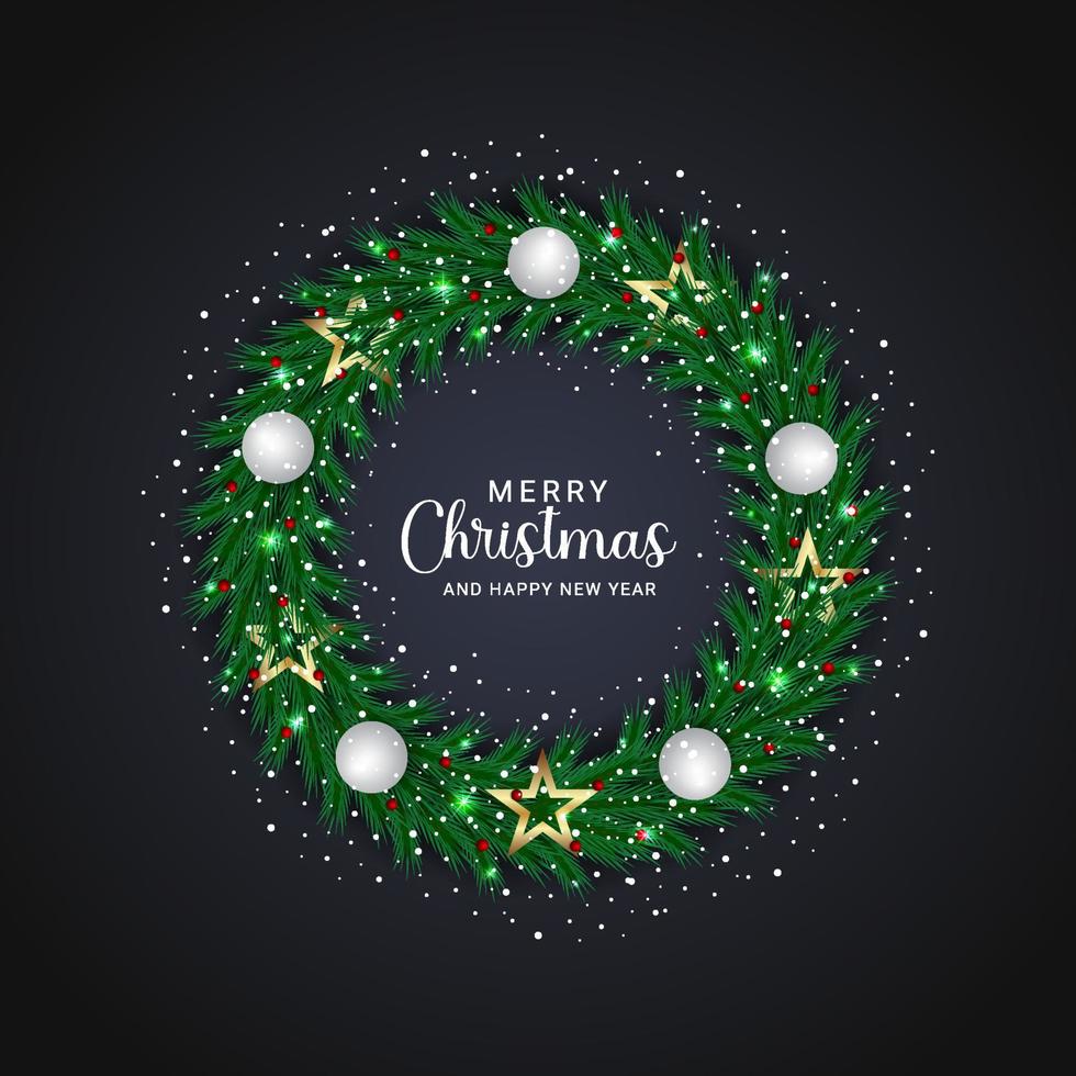 Weihnachtskranz Design grünes Blatt mit weißen Kugeln und goldenen Sternen mit schwarzem Hintergrund vektor